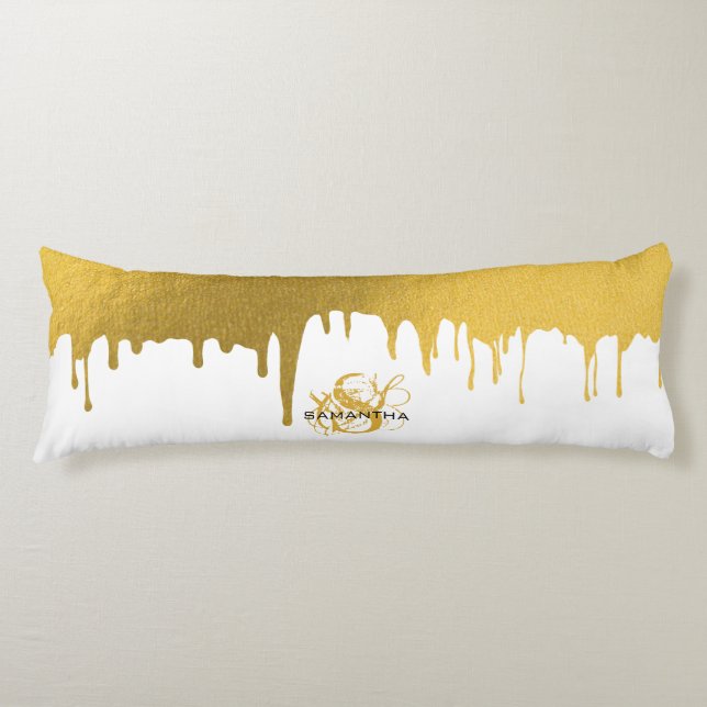 Trendy Gold Metallic Drips Monogram Body Cushion (Front)