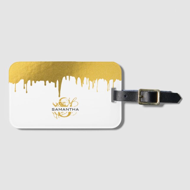 Trendy Gold Metallic Drips Monogram Luggage Tag (Front Horizontal)