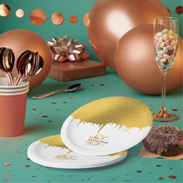 Trendy Gold Metallic Drips Monogram Paper Plate (Multi)