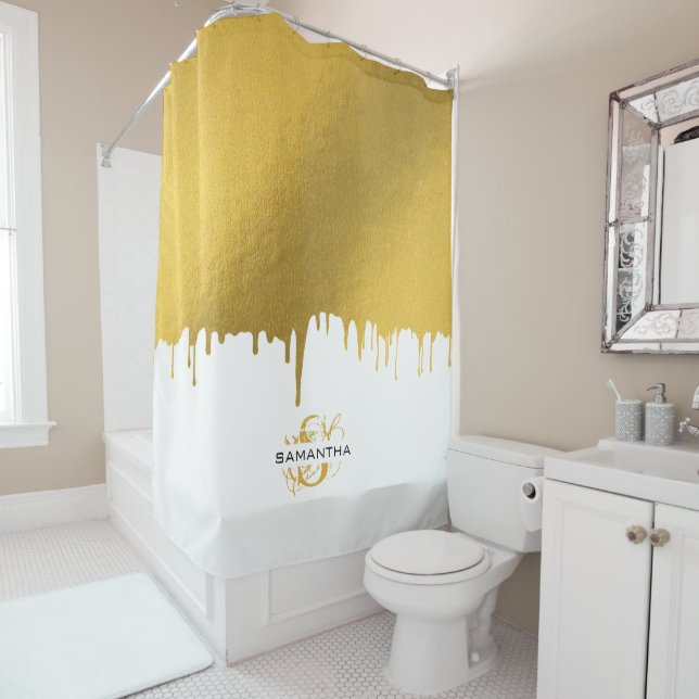 Trendy Gold Metallic Drips Monogram  Shower Curtain (In Situ)
