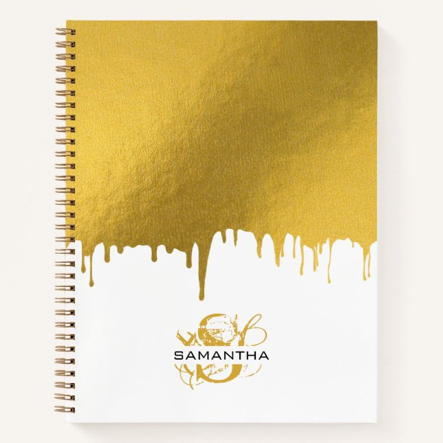 Trendy Gold Metallic Drips Script Monogram  Notebook (Front)