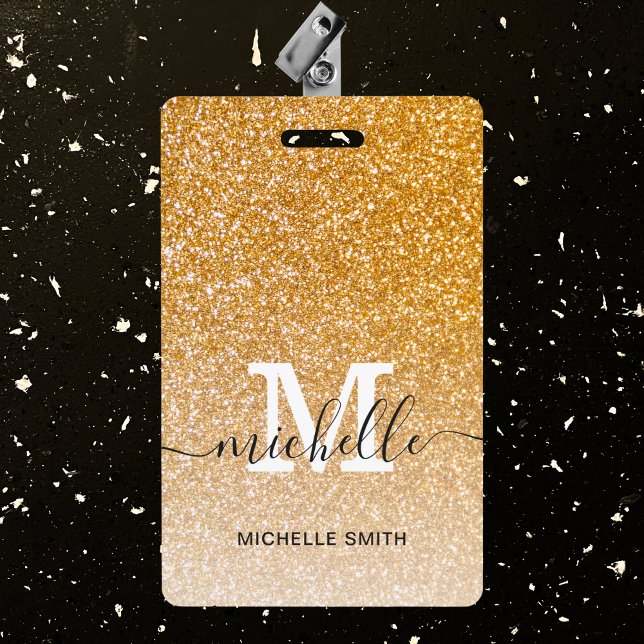 Trendy Gold Monogram Initial Script Name Employee ID Badge (Creator Uploaded)