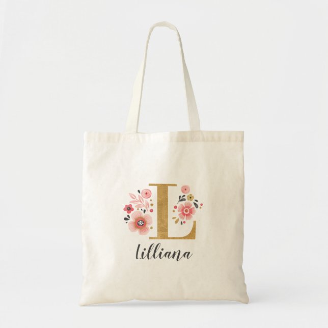Trendy Gold Monogram Name Initial Floral Tote Bag (Front)