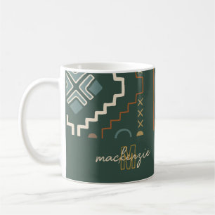 Trendy Gold Monogram on Dark Green Boho Tribal Coffee Mug