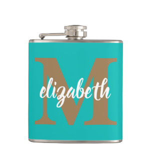 Trendy Gold Monogram Script Name on Turquoise  Hip Flask