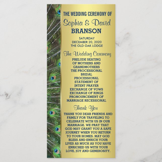 Trendy Gold Peacock Wedding Custom Program Programme (Front)