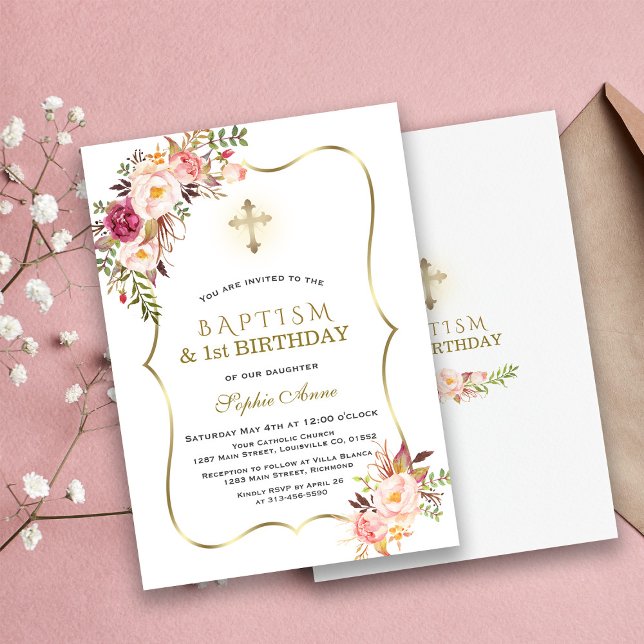 Trendy Gold Pink Floral Baptism First Birthday Invitation (baptism 1st birthday invitation, gold pink floral baptism, trendy pink gold baptism invitation)