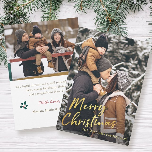 Trendy Gold Script Christmas Greeting 2 Photo Holiday Card (Creator Uploaded)