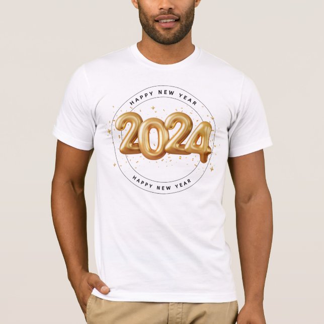 Trendy Gold  Script Happy New Year 2024 man  T-Shirt (Front)