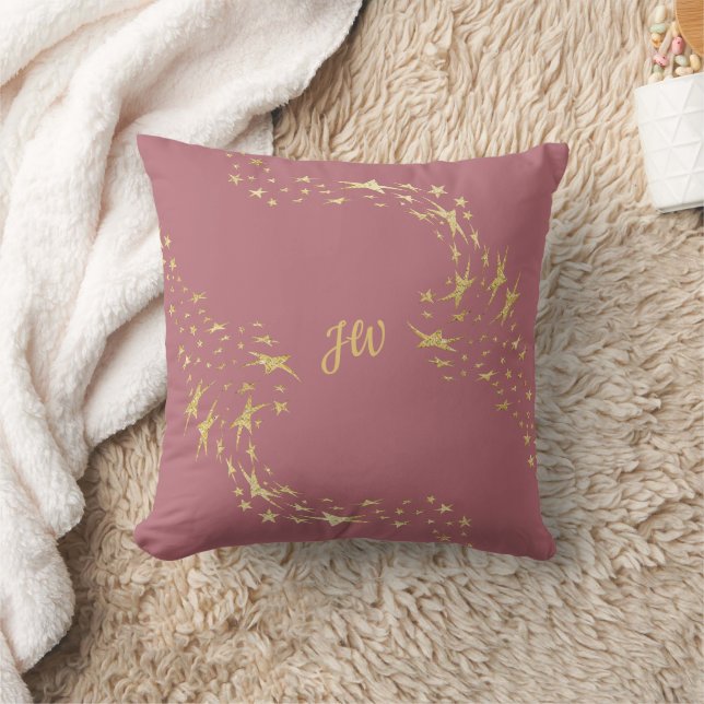 Trendy Gold Stars Monogrammed Throw Pillow (Blanket)