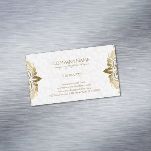 Trendy Gold Swirly Lace On Plush White Damasks Magnetic Business Card