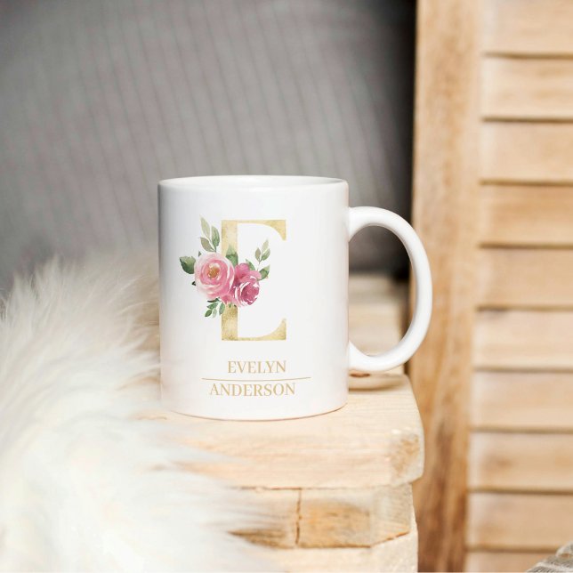 Trendy Gold Watercolor Flower Letter E | Monogram  Coffee Mug (Creator Uploaded)