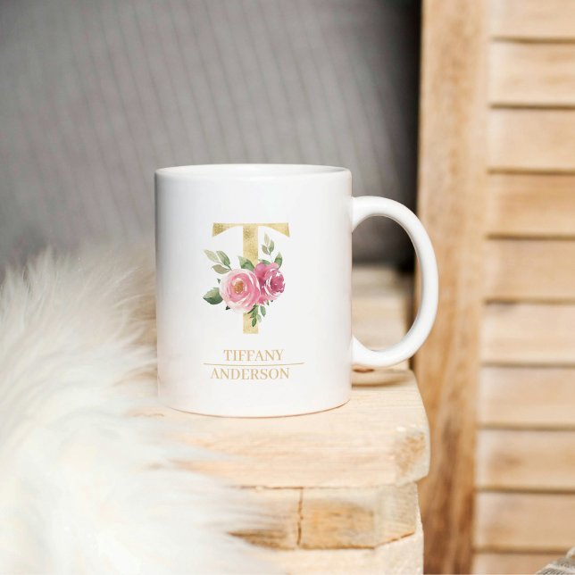 Trendy Gold Watercolor Flower Letter T | Monogram  Coffee Mug (Creator Uploaded)