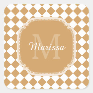 Trendy Golden Yellow Checked Monogrammed Name Square Sticker