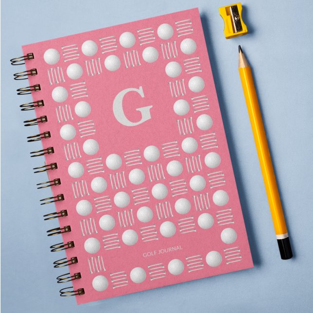 Trendy Golf Ball & Tee Monogram Bubblegum Pink Notebook (Creator Uploaded)