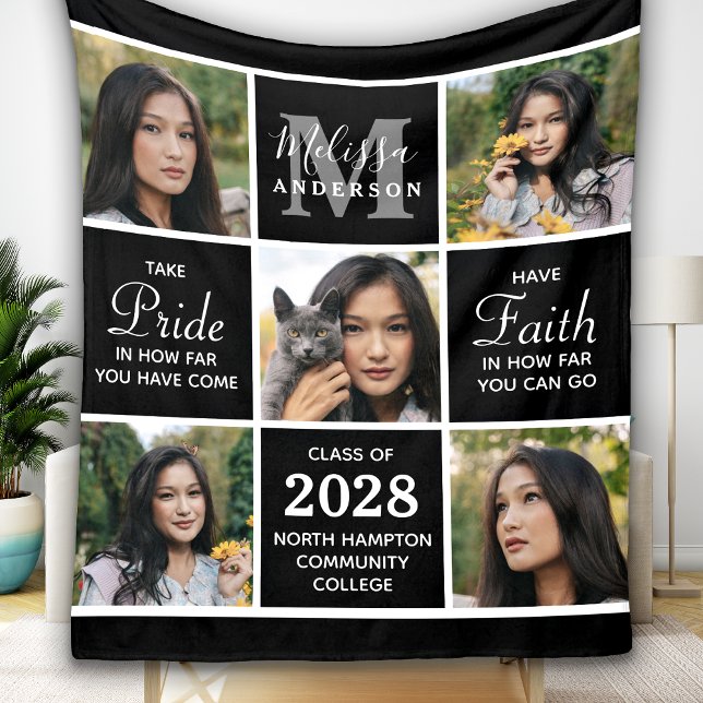 Trendy Graduate 5 Photo Collage Black Graduation Fleece Blanket (Creator Uploaded)