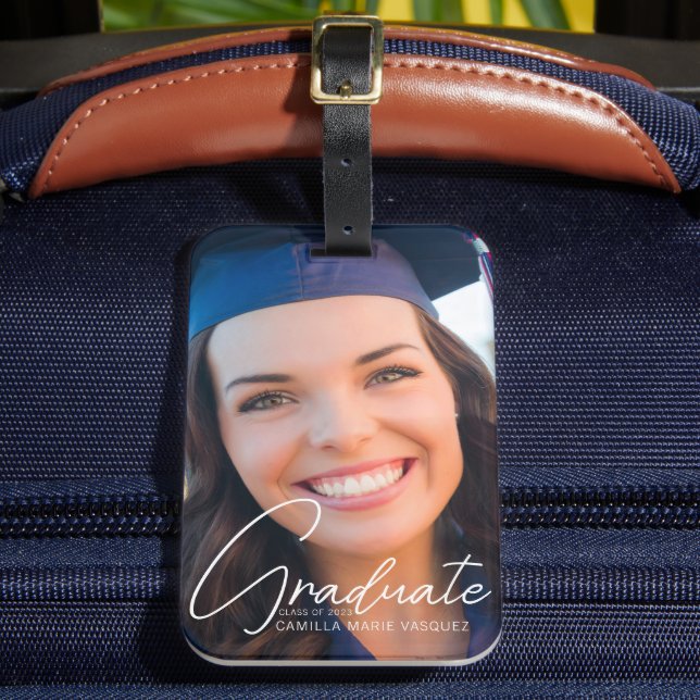 Trendy Graduate Photo White Script Graduation Luggage Tag (Front Insitu 2)