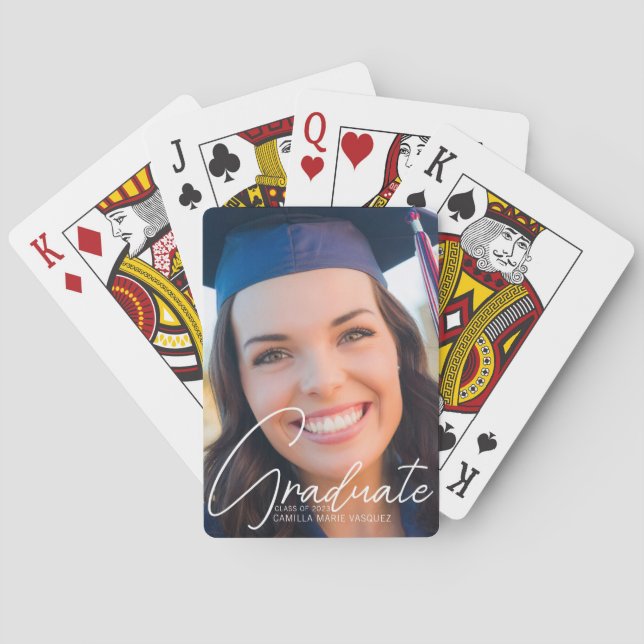 Trendy Graduate Photo White Script Graduation Playing Cards (Back)