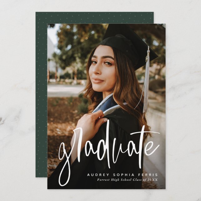 Trendy graduate vertical green graduation invite (Front/Back)