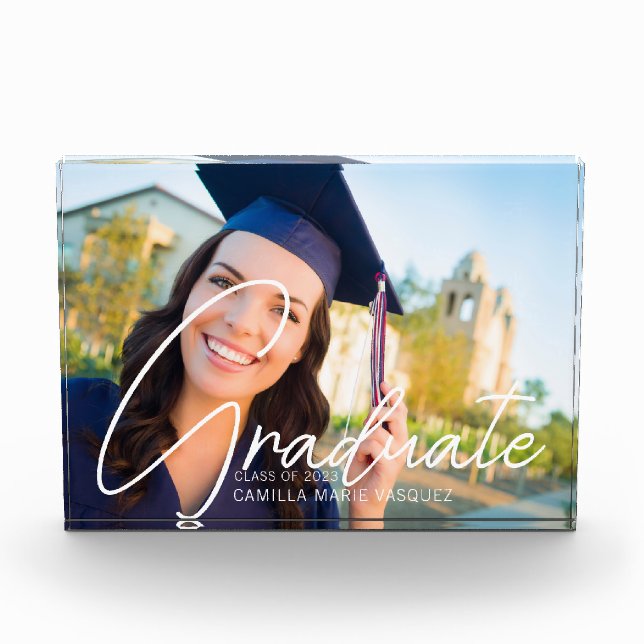 Trendy Graduate White Script Overlay Graduation Photo Block (Front)