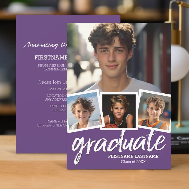 Trendy Graduation Announce Party 4 Photo Invitation (Classic Graduation Announcement and Party Invitation with 4 Photos)