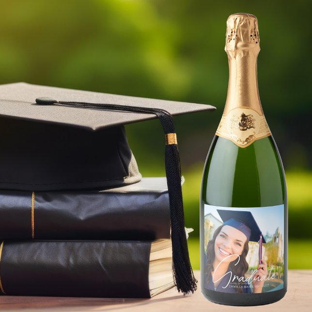 Trendy Graduation Photo Personalised Party Sparkling Wine Label (Creator Uploaded)