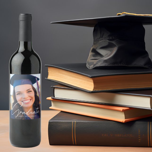 Trendy Graduation Photo Personalised Party Wine Label (Creator Uploaded)
