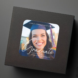 Trendy Graduation Photo White Script Overlay Square Sticker