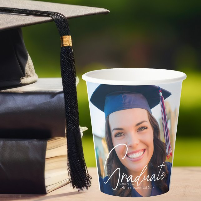 Trendy Graduation Photo White Script Party Paper Cups (Creator Uploaded)