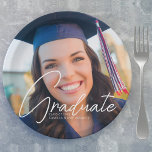 Trendy Graduation Photo White Script Party Paper Plate<br><div class="desc">This trendy graduation party paper plate features sophisticated handwritten white script over a chic full photo of your graduate. Customise this grad decor with your high school,  college,  or university photograph behind your senior details.</div>