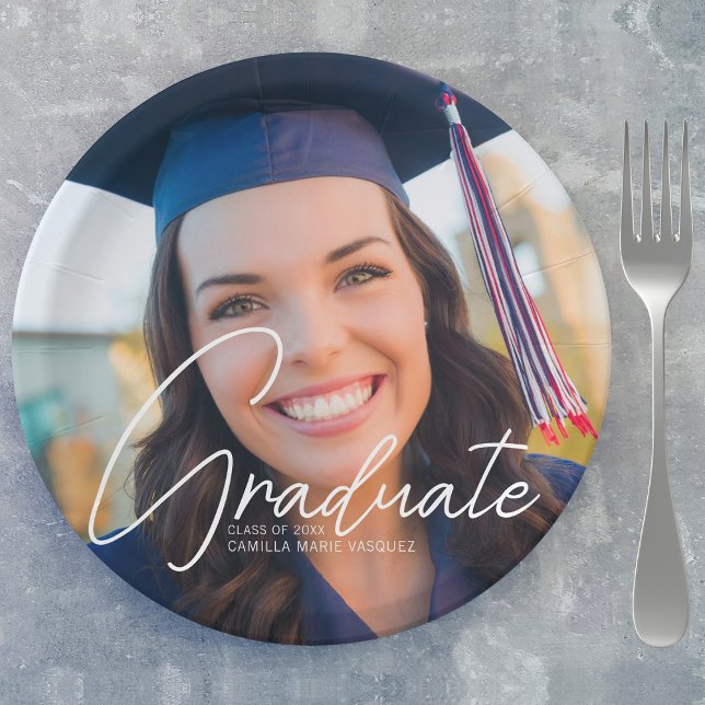 Trendy Graduation Photo White Script Party Paper Plate (Creator Uploaded)