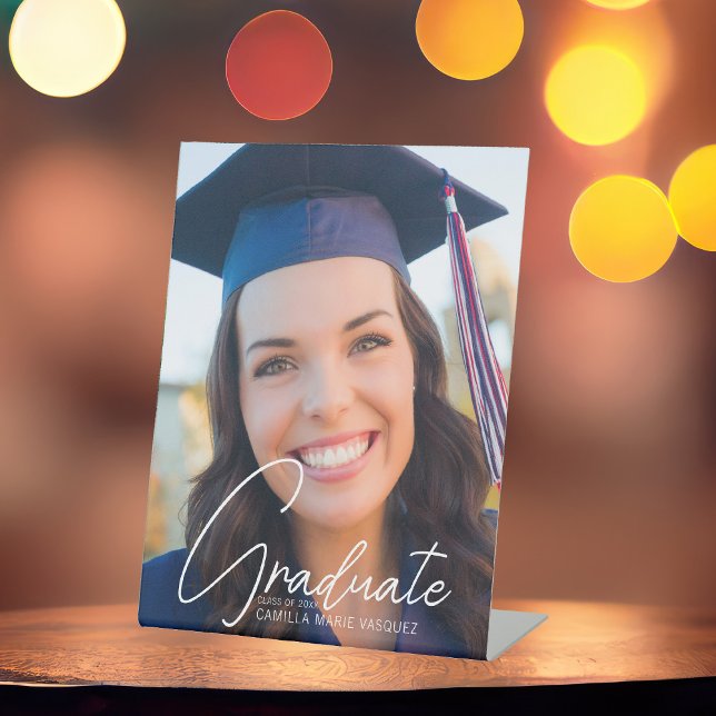 Trendy Graduation Photo White Script Party Pedestal Sign (Creator Uploaded)