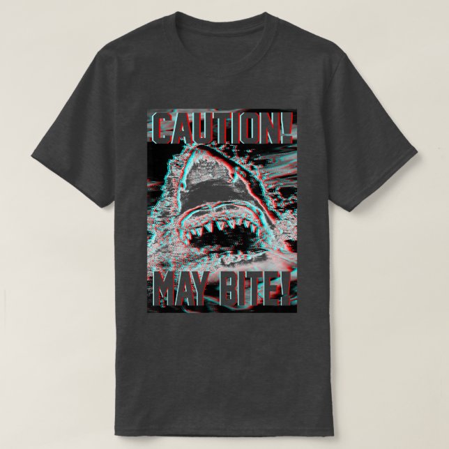 Trendy Graphic Shark Attack Caution May Bite  T-Shirt (Design Front)