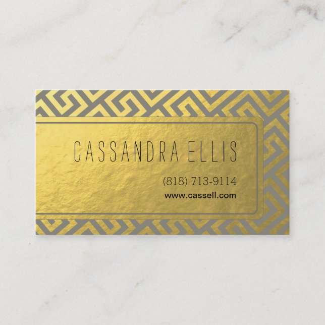 Trendy Greek Key Diagonal | gold foil grey Business Card (Front)