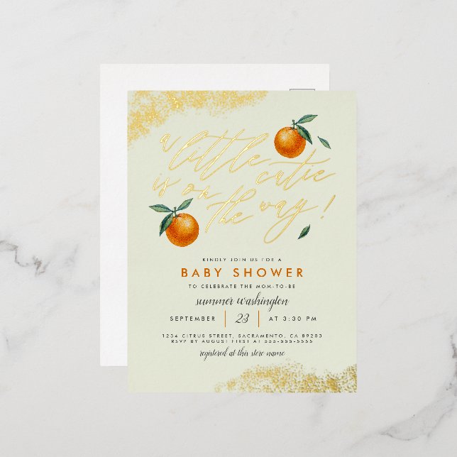 Trendy Green A Little Cutie Orange Baby Shower Foil Invitation Postcard (Front/Back)