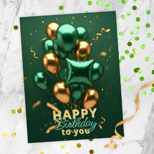 Trendy Green and Gold Balloon Birthday Celebration Postcard