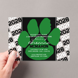 Trendy Green & Black Graduation Pawprint Clear Acrylic Invitations