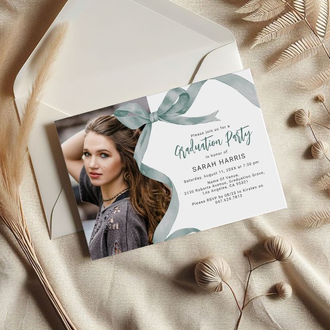 Trendy Green Bow Photo Graduation Invitation (Creator Uploaded)