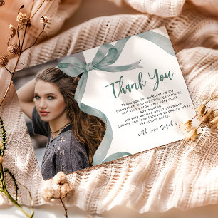 Trendy Green Bow Photo Graduation Thank You Card