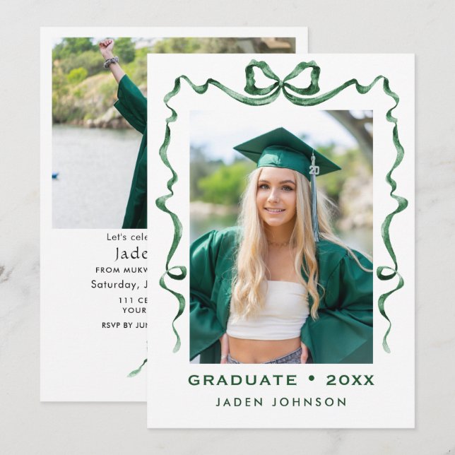 Trendy Green Bow Ribbon 2 PHOTO Graduation Party I Invitation (Front/Back)