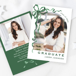 Trendy Green Bow Ribbon 2 PHOTO Graduation Party Invitation