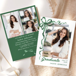 Trendy Green Bow Ribbon 4 PHOTO Graduation Party Invitation