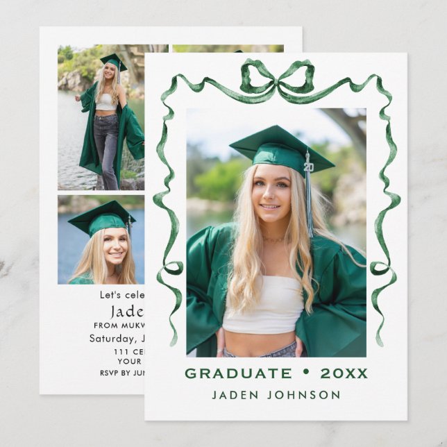 Trendy Green Bow Ribbon 5 PHOTO Graduation Party I Invitation (Front/Back)