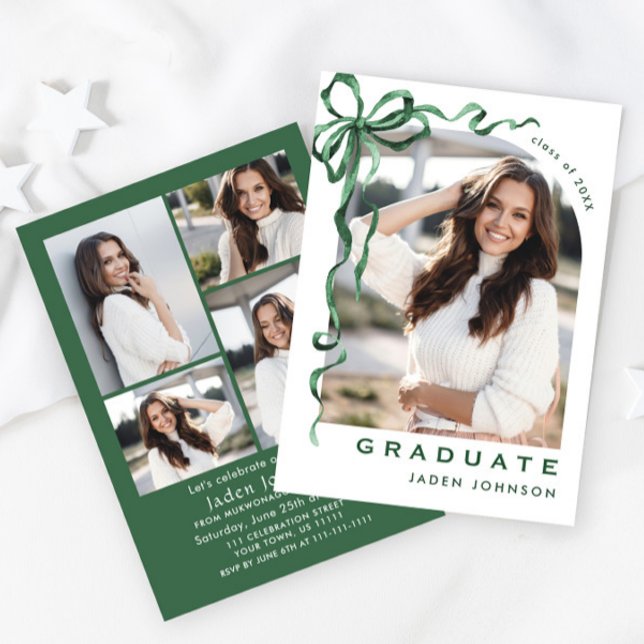 Trendy Green Bow Ribbon 5 PHOTO Graduation Party Invitation (Creator Uploaded)
