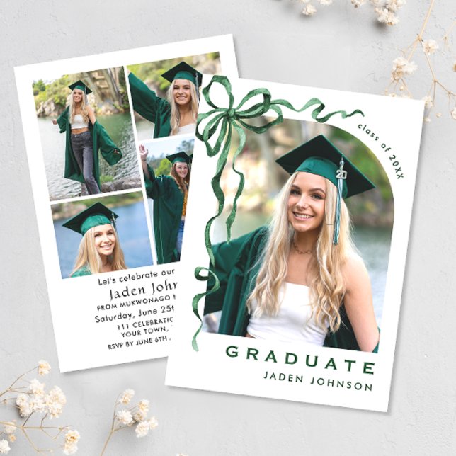 Trendy Green Bow Ribbon 5 PHOTO Graduation Party Invitation (Creator Uploaded)