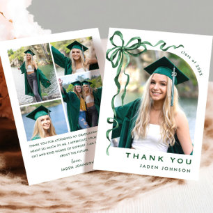 Trendy Green Bow Ribbon 5 PHOTO Graduation Thank You Card