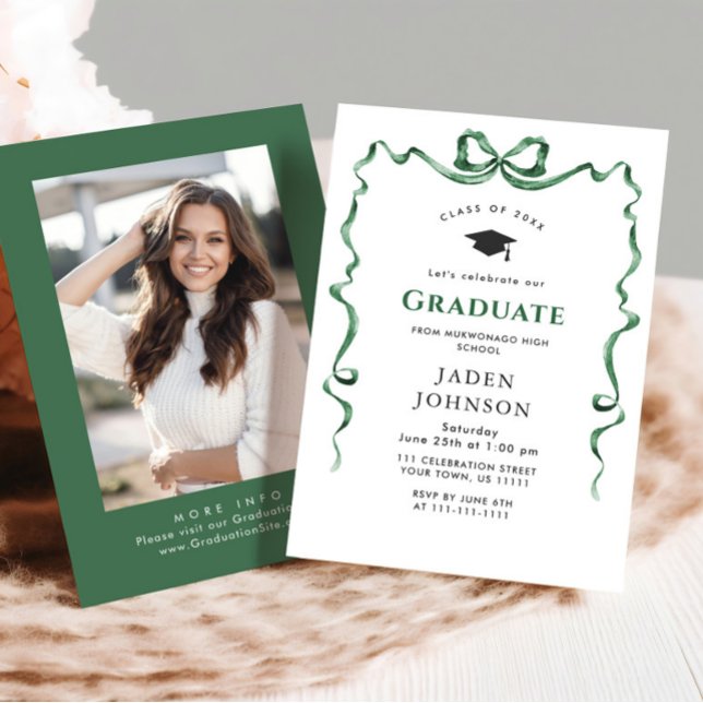 Trendy Green Bow Ribbon PHOTO Graduation Party Invitation (Creator Uploaded)