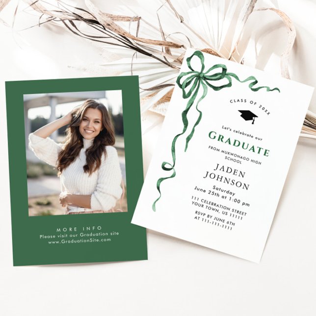 Trendy Green Bow Ribbon PHOTO Graduation Party Invitation (Creator Uploaded)