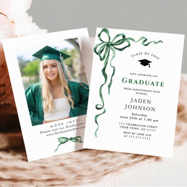 Trendy Green Bow Ribbon PHOTO Graduation Party Invitation (Creator Uploaded)