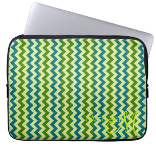 Trendy Green Chevron Zigzag Custom Monogram Laptop Sleeve